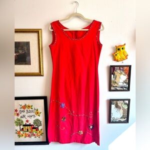 Vintage Late 90s / Y2K Embellished Beaded Red Cotton Shift Dress